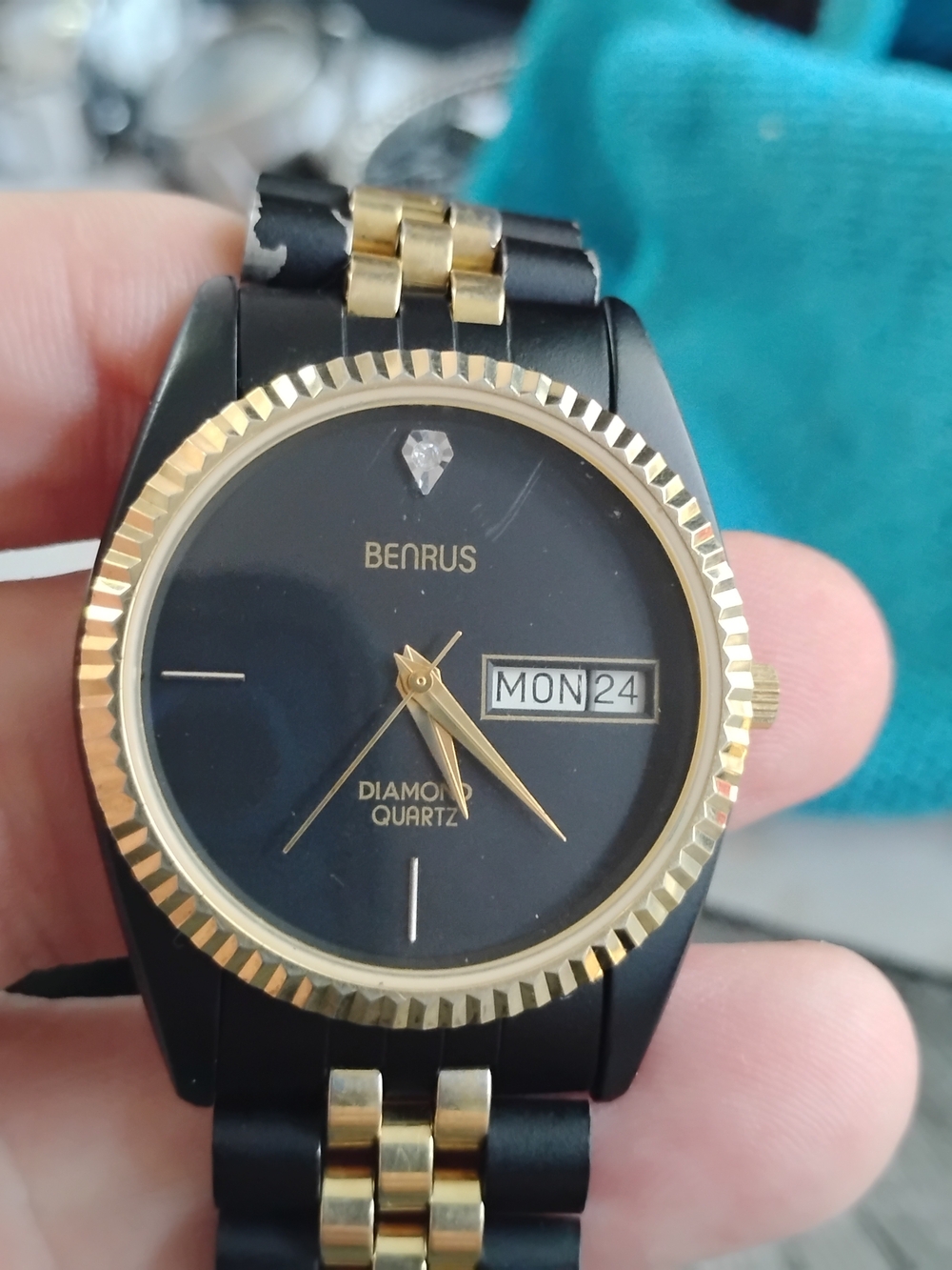 Men's Black and Gold Day-Date Diamond Quartz Watch